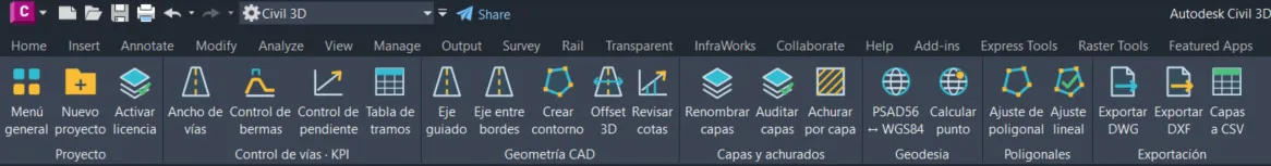 Cinta de Civil 3D 2027 con la pestaña del complemento y sus siete paneles: Proyecto, Control de vías KPI, Geometría CAD, Capas y achurados, Geodesia, Poligonales y Exportación, con botones como Ancho de vías, Control de bermas, Control de pendiente, Eje guiado y Eje entre bordes.