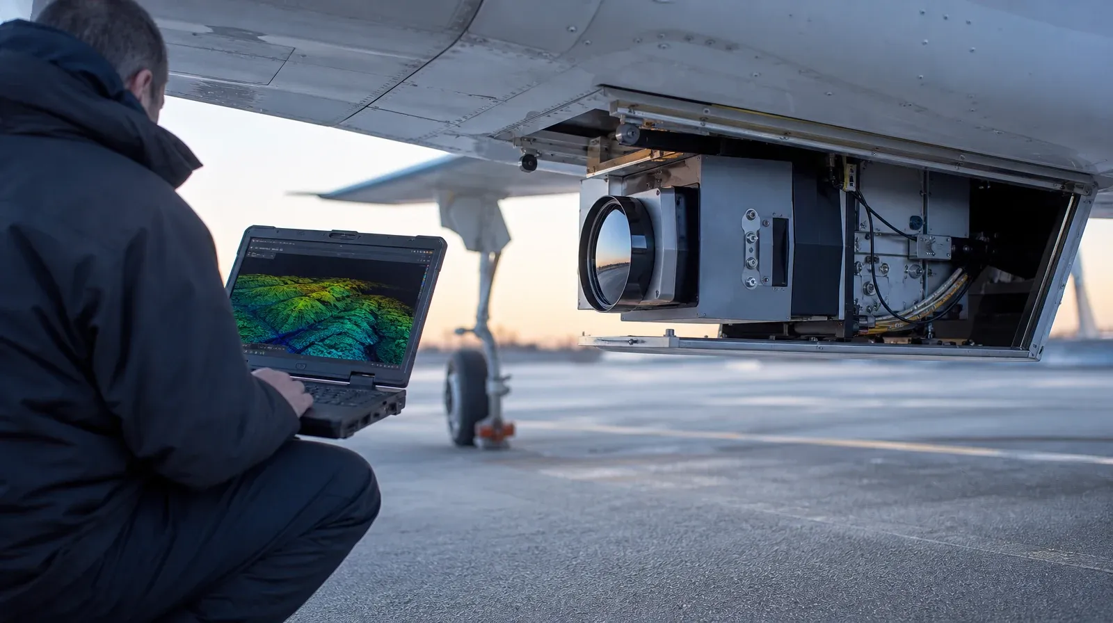 Sensor LiDAR aerotransportado montado en la escotilla ventral de una aeronave de levantamiento, con un técnico arrodillado revisando una nube de puntos coloreada por elevación en una laptop rugerizada