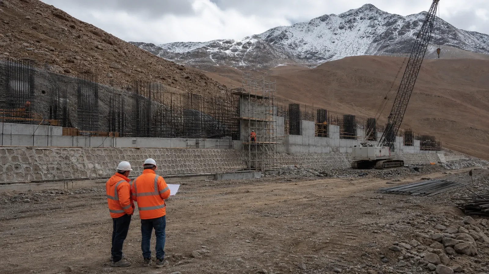 Obra de un muro de concreto armado en construcción sobre una ladera altoandina
