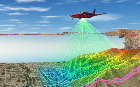 Ilustración de una avioneta con LiDAR escaneando una ciudad y su terreno