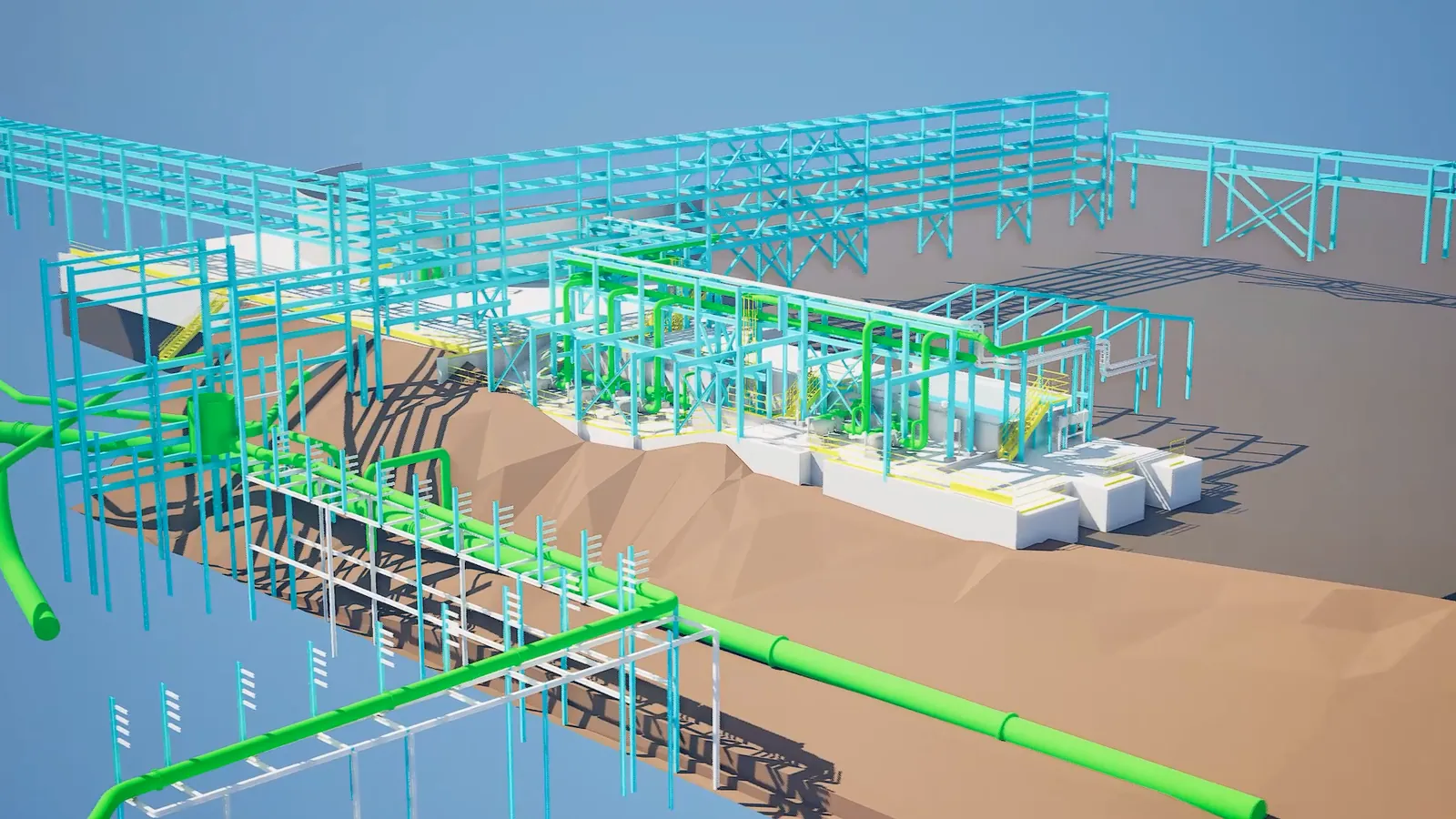 Modelo 3D de una planta industrial con estructuras metálicas y líneas de tubería