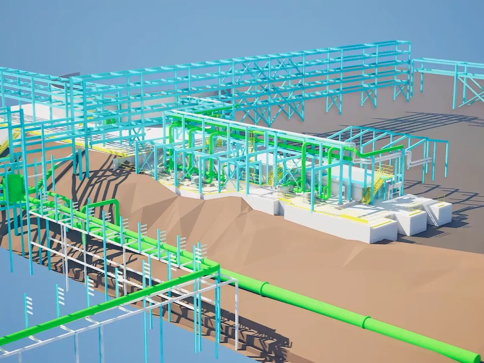 Modelo BIM de una planta industrial con estructuras y tuberías sobre el terreno