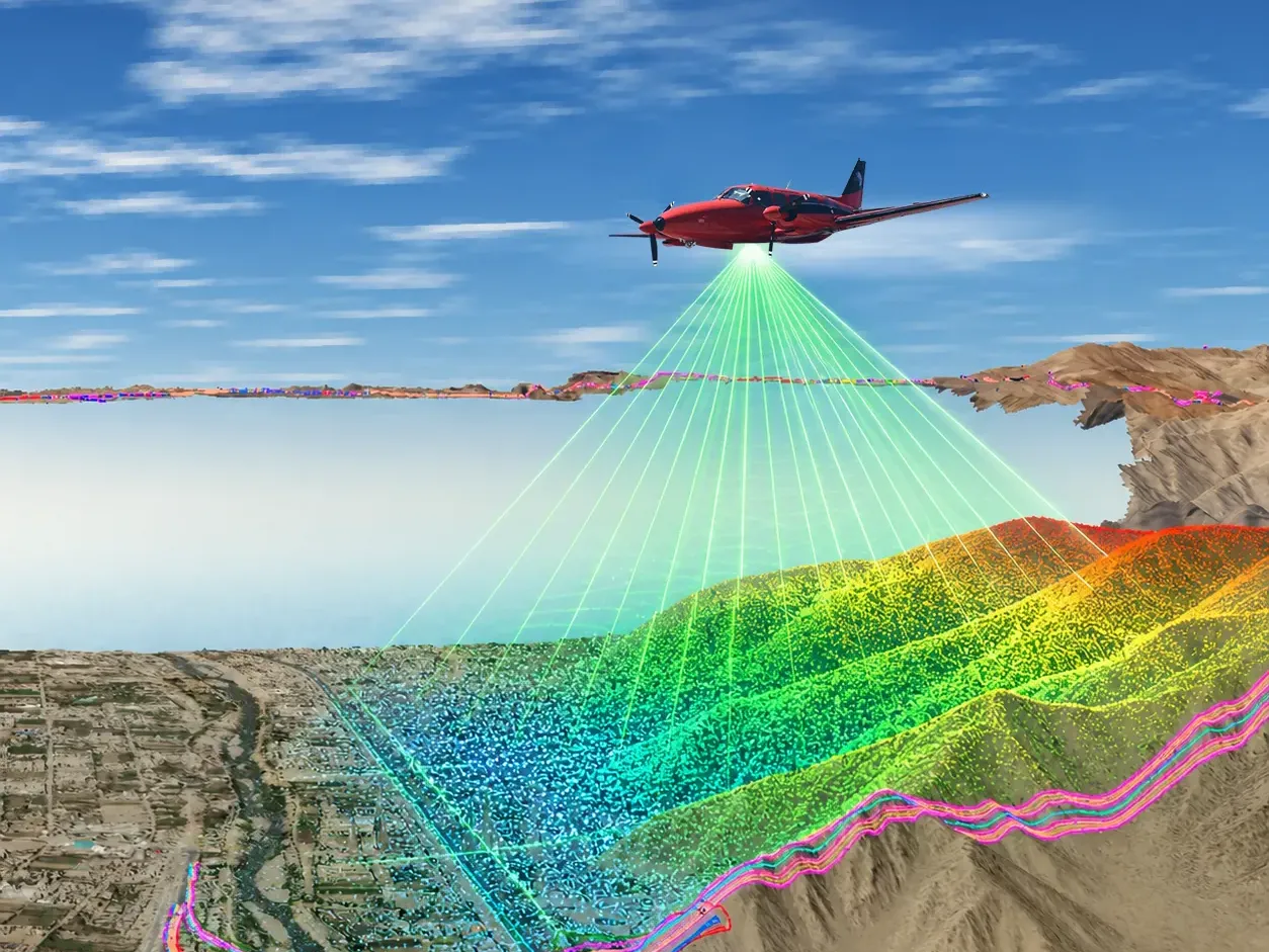 Avioneta con sensor LiDAR barriendo el terreno, con la nube de puntos coloreada por elevación